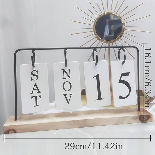 Wooden Perpetual Calendar for Desk, Metal Wood Month Date Display for Teachers, Students, Classroom, Rustic Farmhouse Office Decor, Desk Accessories (black)