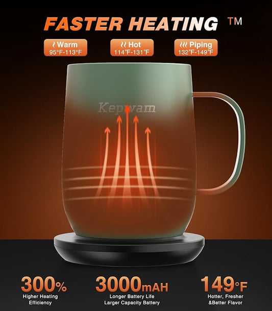 Kepwam Self Heating Coffee Mug T2, 16oz Smart Heated Coffee Mug, 150 Min Battery Life - Hot up to 149℉ Temperature Control Coffee Mug Warmer, Gifts for Dad Mom (No APP)