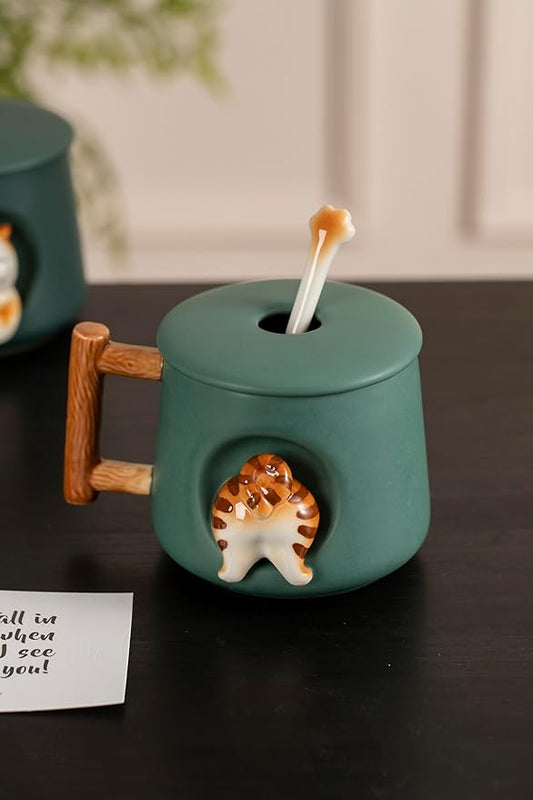 DIHOclub Adorable 3D Ceramic Animal Mug with Lid and Spoon - Perfect for Coffee, Tea, Milk, and More - Ideal Gift for Animal Lovers - 14 Ounces (Green Cat's tail)
