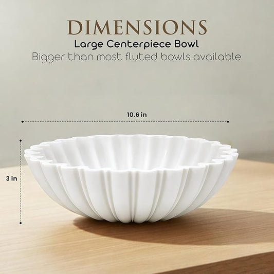 White Decorative Bowl Modern Home Decor - 10.6" Large Resin & Sandstone Centerpiece Bowl for Entryway Table, Coffee Table, Kitchen Counter or Serving Fruit, Keys, Includes 10PCS Artificial Moss Rocks