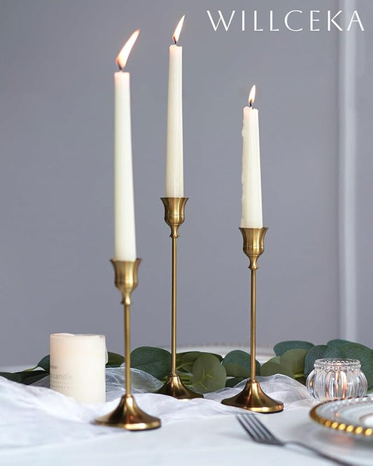 Willceka Gold Candlestick Holders, Taper Candle Holders, Set of 3 Brass Candle Holder Set, Vintage Table Centerpiece for Wedding Christmas Holiday