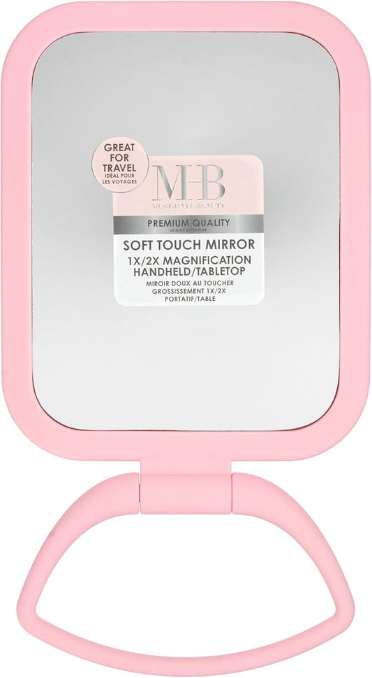 EXPRESSIONS Premium Soft Touch Rectangle Pink Vanity Mirror with 1x 2X Magnification, Rotating Handheld Tabletop Makeup Small Desk Travel