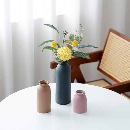 Ceramic Vase Set-3, Small Flower Vases for Decor, Modern Boho Farmhouse Style, Decorative Vases for Pampas Grass & Dried Flowers, Distressed Finish (Light Coffee)