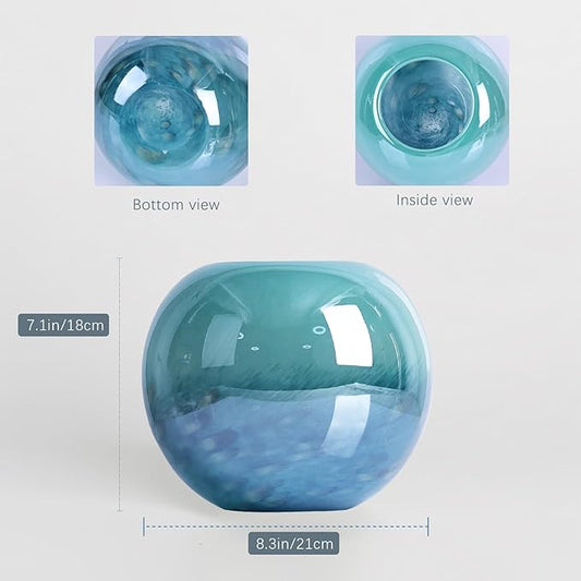 7.1" Teal Glass Vase for Flowers, Hand Blown Gradient Decorative Vase for Home Decor, Centerpiece, Dining Table, Shelf, Mantel, Bathroom, Entryway, Countertop, Gift for Friends