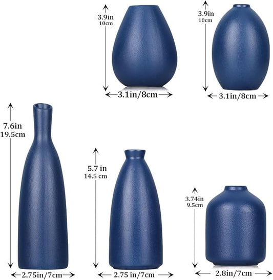 Blue Ceramic Vase - Set of 5 Blue Bud Vases, Modern Farmhouse Navy Blue Decorative Vases for Home, Office, Living Room, Table Decor - Ideal Centerpieces for Flowers, Shelf and Fireplace Accents