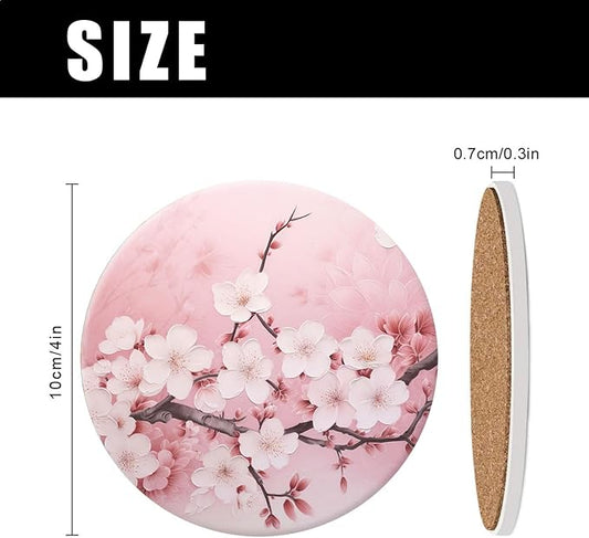 Drinking Coasters with Holder Round Water Absorbent Marble Ceramic Coasters Tabletop Protection(Cork Base),Blooming Pink Cherry Blossom Flowers,Suitable for Various Mugs,Home Decor,4 Inch