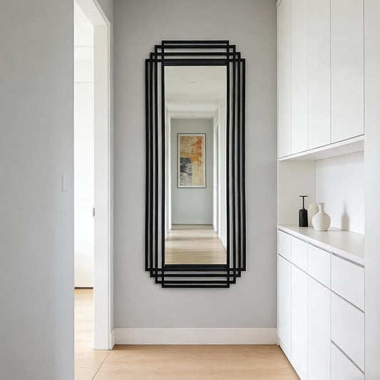 Geometric Mirror with Black Metal Frame, 63"x24" Large Rectangle Art Deco Mirror, Modern Elegant Wall Mirrors for Living Room Bathroom Entryway Hallway, Hangs Vertically or Horizontally