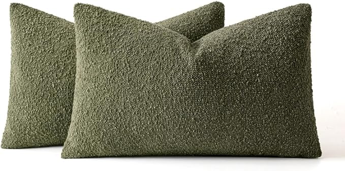 MIULEE 12x20 Inch Decorative Lumbar Throw Pillows for Bed Set of 2 Textured Boucle Neutral Spring Throw Pillow Covers Olive Green Accent Solid Pillowcases Sofa Livingroom Home Decor