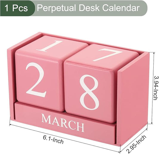 YOKIVE Wooden Block Perpetual Calendar for Desk, Wood Month Date Display Blocks, Great for Daily Desktop Shop Bar Desk Decor (Pink)