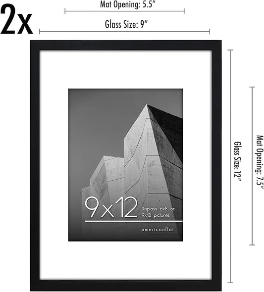 Americanflat 9x12 Picture Frame with Shatter-Resistant Glass - Set of 2 - Use as 6x8 Frame with Mat or Display 9x12 Photo Without Mat - Streamline Collection - Tabletop or Wall Display - Black