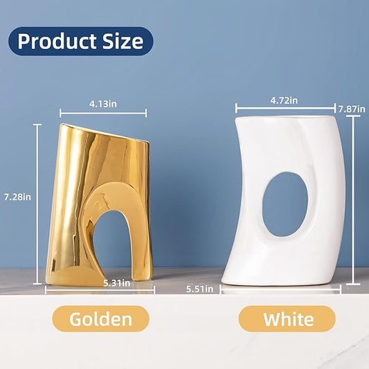 Gold and White Vases Set of 2, Ceramic Flower vase for Pampas Grass, Modern Gold Vases Home Decor, Nordic Snuggle Hollow Boho vase Table Centerpieces