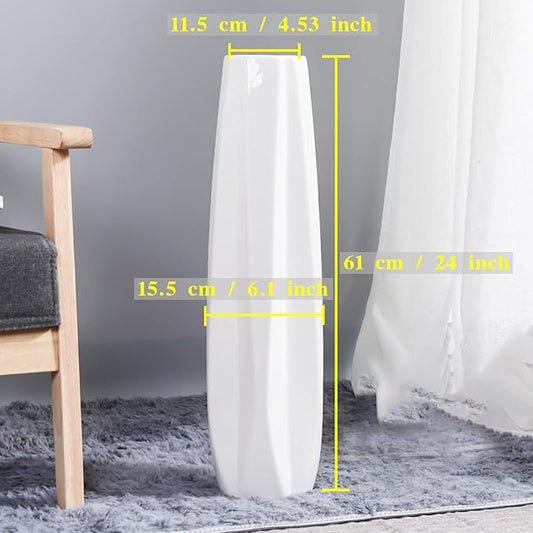 White Ceramic Floor Vase 24" Tall – Origami-Style Glaze | Large Porcelain Vase for Living Room, Farmhouse & Entryway Decor