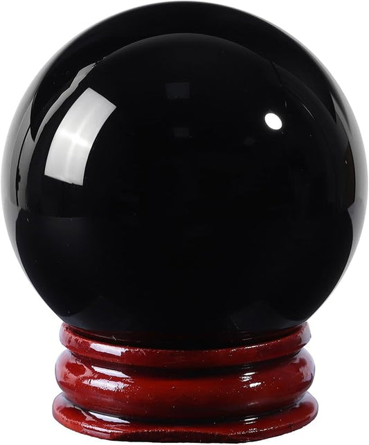 100mm Natural Black Obsidian Stone Sphere with Wooden Stand, Polished Crystal Ball Decoration for Home & Office