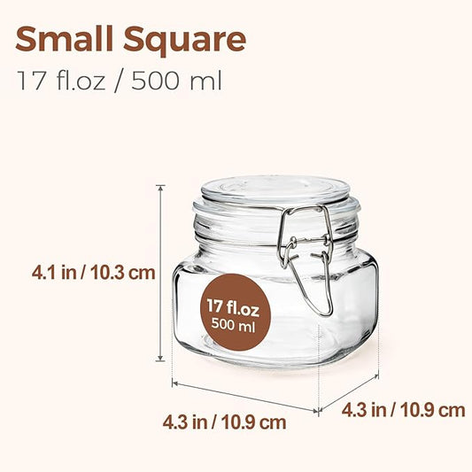ComSaf 6 Pack 17 oz Glass Jars with Lid, Food Grade Glass Food Storage Containers with Labels Square Glass Food Storage Jars with Airtight lids, Air tight Jars for Pantry Storage & Pickling