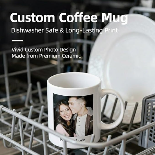 Custom Photo Coffee Mug, Personalized Forever Love Design Ceramic Cup for Anniversary Boyfriend Girlfriend Dishwasher Safe, 11oz (White)
