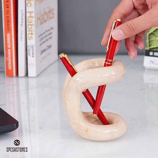 Marble Pen Holder For Desk 4 Inch Beige Stone Pen Organizer & Pencil Holder for Desk Accessories & Workspace Organizers - Stationary Holders for Gifts & Office Decor