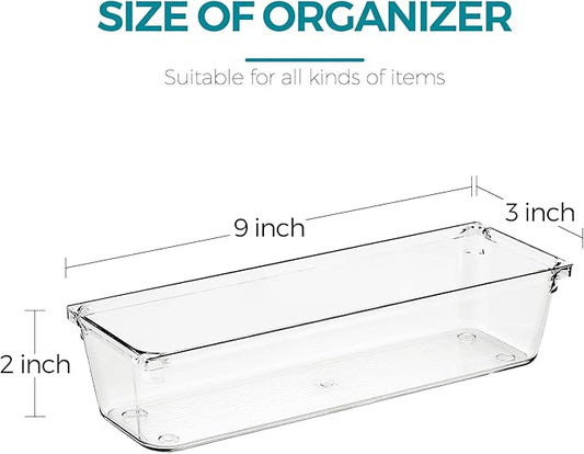 8 Pack Drawer Organizer - 3" X 9" Clear Acrylic Storage Bins with Non-Slip Pads, Versatile Desk Tray for Makeup, Jewelry, Kitchen, Bathroom, and Office Organization
