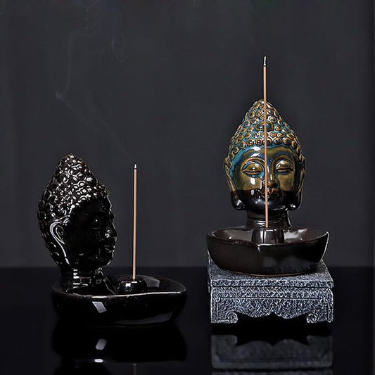 Buddha Head Incense Holder for Sticks, Small Ceramic Incense Burner Healing, Meditaiong, Zen, Timer of Spa or Yoga, with Ash Catcher (Black)
