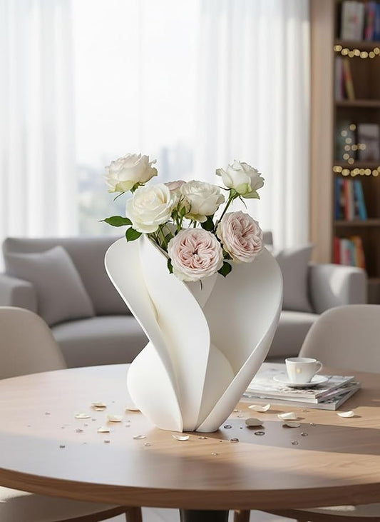 Abstract Wavy Vase for Modern Home Decor, Sculptural Decorative Flower Vase with Layered Design and Frilled Top, Elegant Centerpiece for Dry Flower