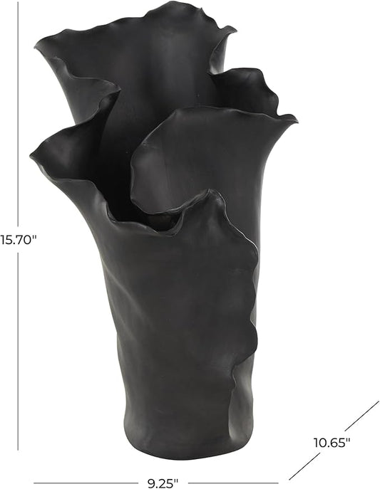 Deco 79 Ceramic Abstract Floral Inspired Vase with Wavy Folded Rim, 9" x 11" x 16", Black