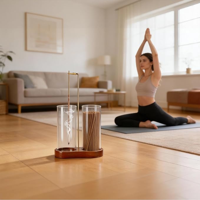 Incense Holder with 2 High Glass Bottle,Wooden Base Incense Stick Holder for Desktop,Incense Burner for Ash Collection,Ash Container