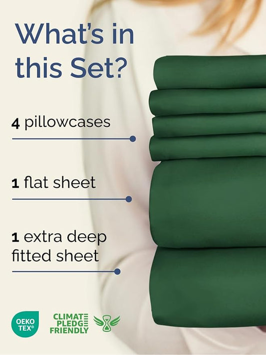 Extra Deep Queen Sheet Set - 6 Piece Breathable and Cooling Sheets - Hotel Luxury Bed Sheets Set - Easy Fit - Soft, Wrinkle Free and Comfy Sheets Set - Emerald Green Sheet Set with Extra Deep Pockets