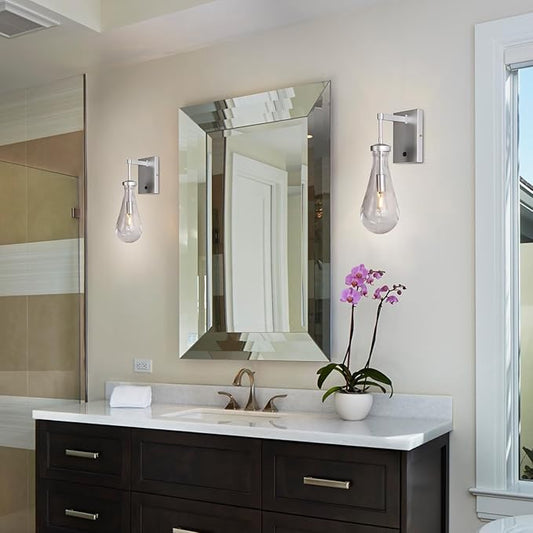 HuisMier Nickel Wall Sconces, Modern Raindrop Wall Sconce with On Off Switch, Clear Glass Wall Mounted Lamp Indoor Vanity Light Fixtures for Bathroom Bedroom Hallway Living Room, Hardwired