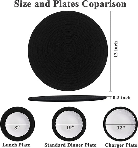 Round Placemats Set of 6, Cotton Rope Woven Table Mats, Hot Pads for Kitchen, Non Slip Heat Resistant Place Mats, 13 Inches Braided Placemat for Farmhouse Decor and Kitchen Table Decor (Black)