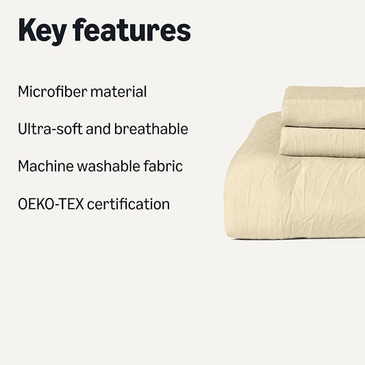 Amazon Basics Brushed Microfiber Comforter Set, Extra Soft with Natural Texture, 3-Piece, Queen/Full, Beige