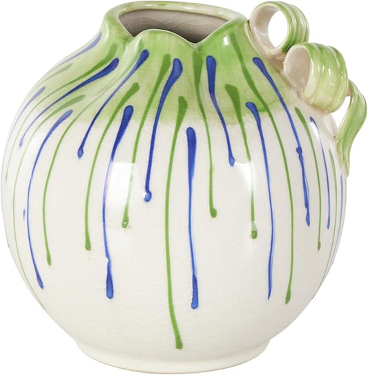 Deco 79 Ceramic Abstract Decorative Vase Centerpiece Vase with Green and Blue Drip Design and Handles, Flower Vase for Home Decoration 8" x 8" x 8", White