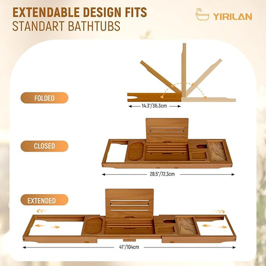 Yirilan Teak Bathtub Tray for Tub, Bath Table Tray for Tub Wood, Bathtub Caddy, Luxury Gift for House Warming, Wedding, Bridal Shower, Anniversary