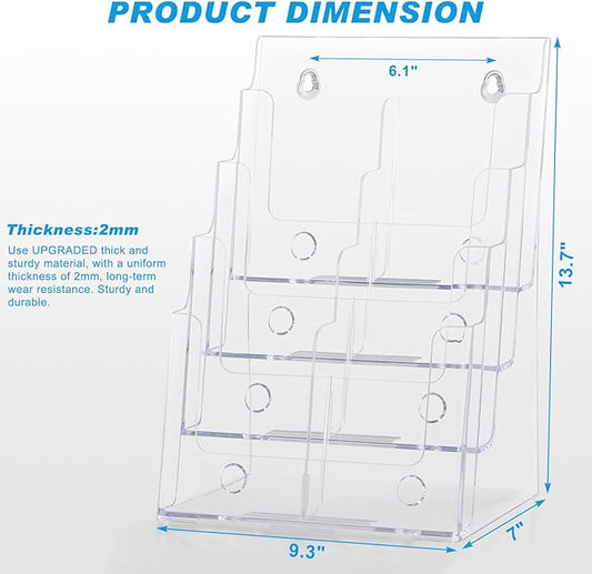 Acrylic Brochure Holder 8.5x11 Inches, 4 Tier Clear Brochure Display Stand , pamphlet holder with Divider for 4’’ Flyer Magazine, Document Paper Literature Holder,Wall Mount for Office, Store