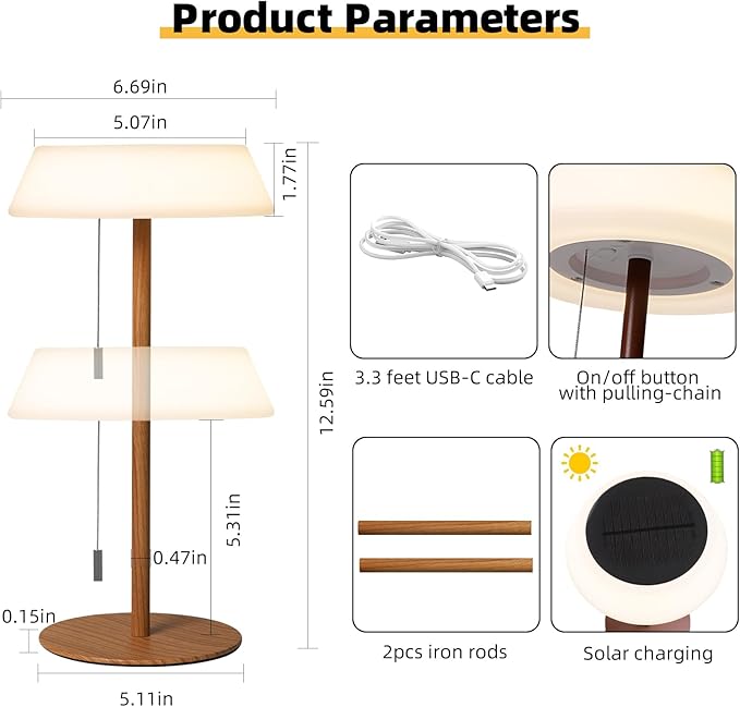 Solar LED Outdoor Table Lamp Waterproof, 3 Level Dimmable Desk Night Light, Portable Cordless USB Rechargeable, for Home/Deck/Patio/Garden (Wood Grain)