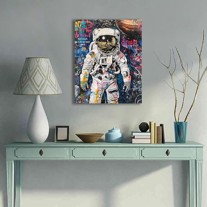 Ypxzzj Banksy Framed Graffiti Astronaut Canvas Wall Art Spaceman Posters Prints Pictures Wall Decor Modern Abstract Street Graffiti Painting Artwork for Living Room Home Decor Ready to Hang