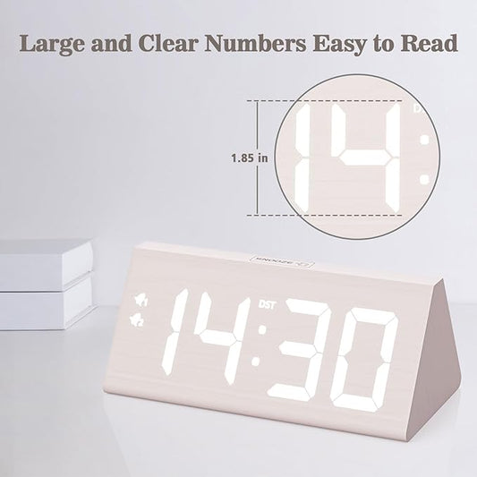 Wooden Digital Alarm Clock with Dual USB Charging Ports, DST, Dimmable, Snooze, Modern Large Time Display LED Clock for Kids Bedrooms, Living Room, Desk, Table, Bedside, Nightstand (White)