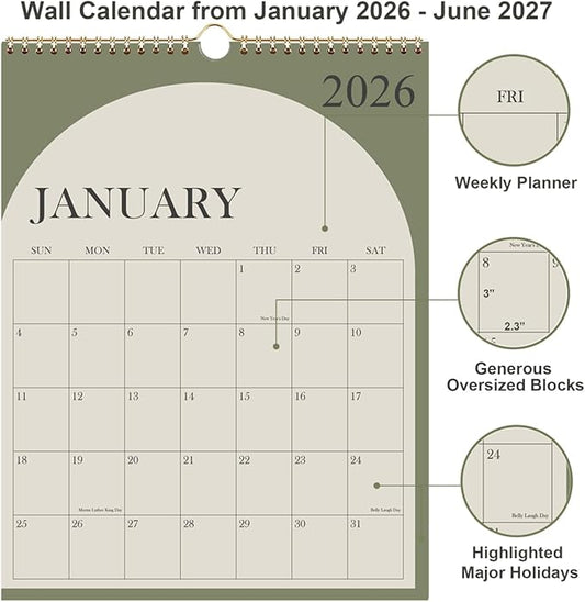 Large Calendar 2026 with Spiral Bound - 18 Month Big Calendar from January 2026 to June 2027, Vertical Large Monthly Calendario 2026 for Wall, 22" x 17", Green