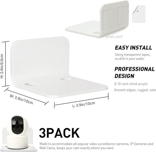 OAPRIRE White Floating Wall Shelves Set of 3 for Security Cameras, Baby Monitors, Speakers & More - Universal Acrylic Small Wall Shelf with Cable Clips, 10-Piece Strong Tapes, No Drill