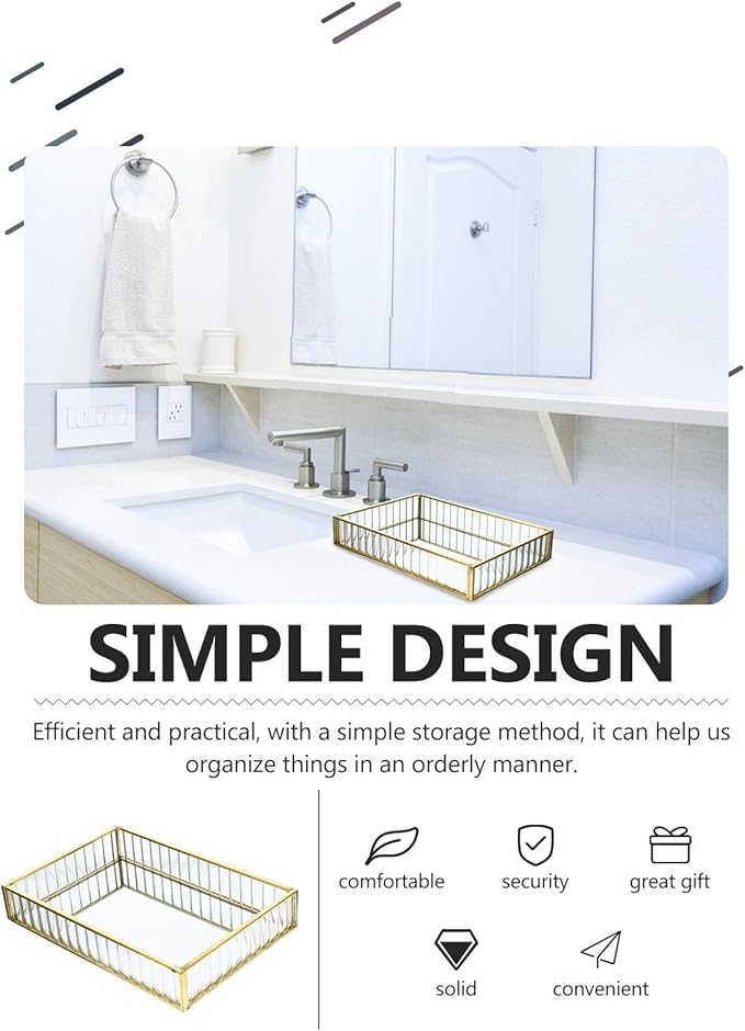 Alloy Frame Glass Jewelry Storage Tray Small Striped Mirror Surface Organizer for Earrings Lipstick Perfume Decorative Dish for Home Vanity and Desktop Tidying