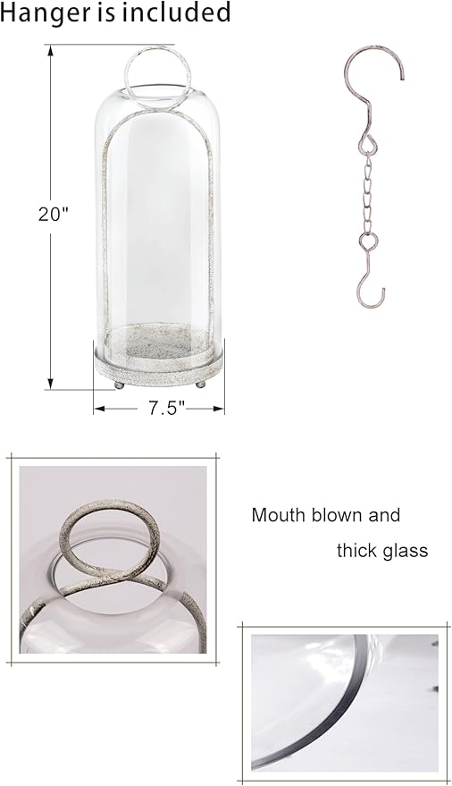 20" High Versatile Modern Metal Hurricane Lantern with Handmade Sturdy Glass Dome in Vintage White for Pillar Candle & Plants, Industrial, Farmhouse, Shabby Chic