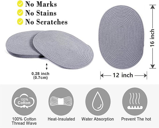 4 Pack Oval Woven Cotton Rope Placemats - Grey Braided Plate Chargers 12 * 16 Inch Farmhouse Boho Vintage Heat Resistant Outdoor Tablemats for Patio, Wedding Party