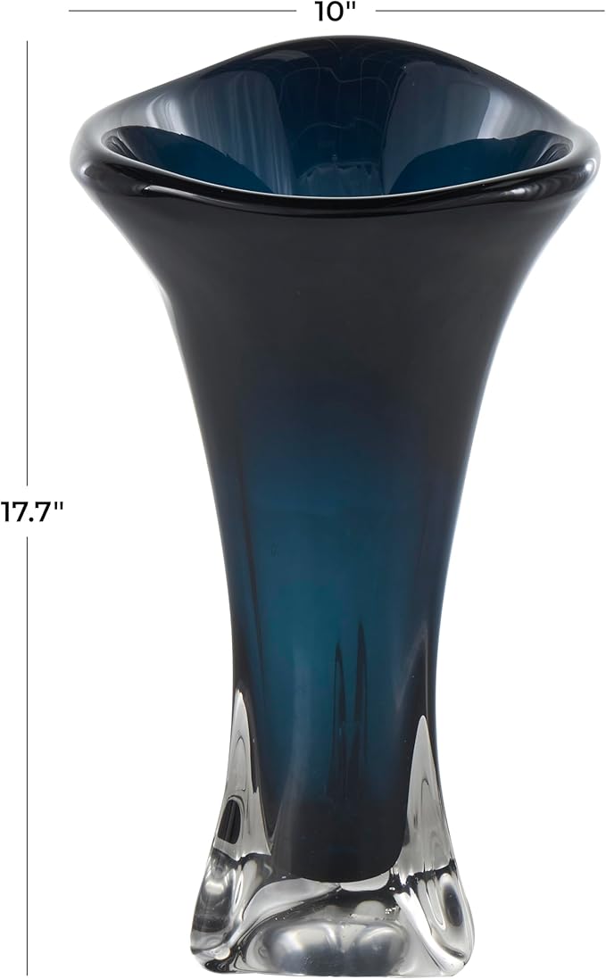 Deco 79 Glass Abstract Decorative Vase Ombre Tulip Centerpiece Vase with Clear Base, Flower Vase for Home Decoration 10" x 10" x 18", Dark Blue