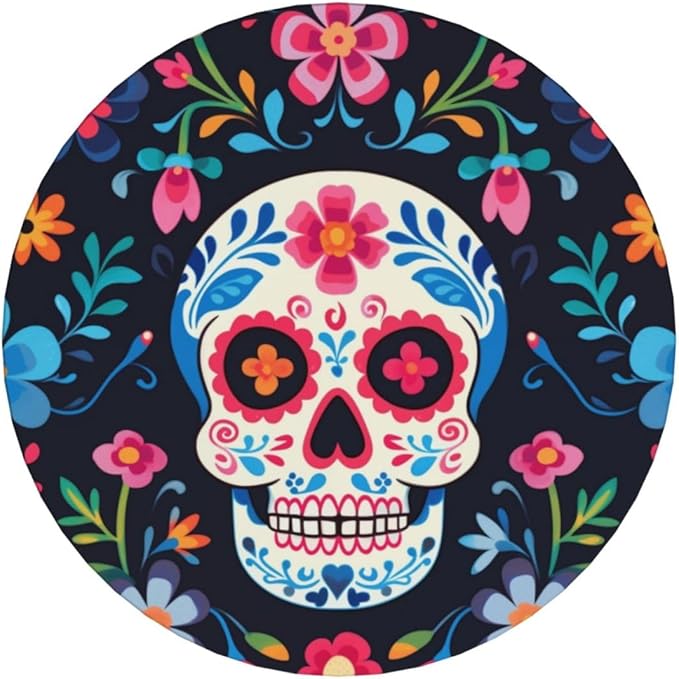 6 Pcs Ceramic Coasters with Holder Absorbent Drink Round Mexican Sugar Skull and Flowers Design for Home Table Coffee Cup Wine Beer Bar,Size 4.4 inches