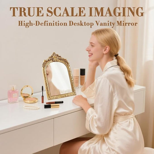 YUSONG Vintage Makeup Mirror for Tabletop - 8" Antique Gold Arched Desk Mirrors with Resin Frame Vanity Table Mirror for Bedroom Living Room Retro Decor