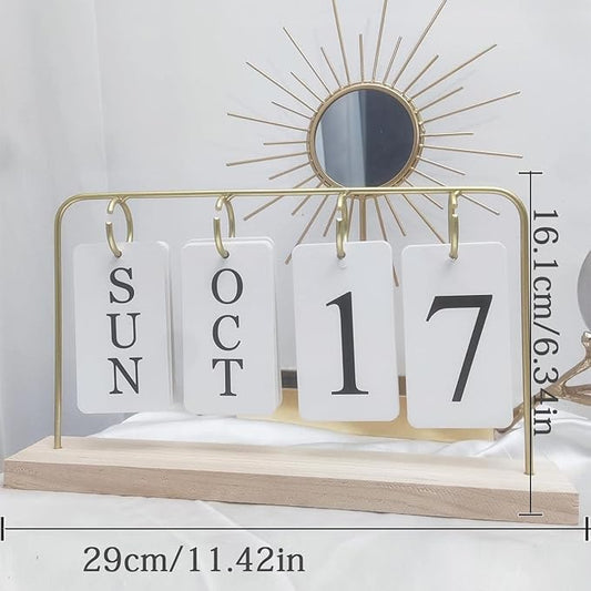 Wooden Perpetual Calendar for Desk, Metal Wood Month Date Display for Teachers, Students, Classroom, Rustic Farmhouse Office Decor, Desk Accessories (gold)