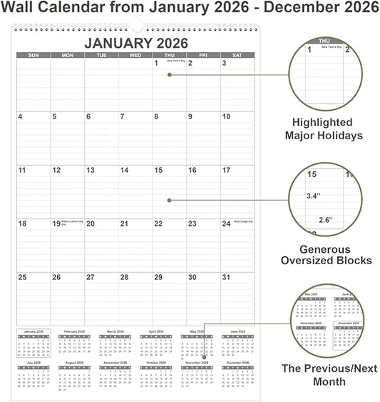 2026 Wall Calendar - Large Calendar 2026 from January 2026 - December 2026, 12 Months Calendar/Planner with Thick Paper, 20" x 30", Vertical, Black