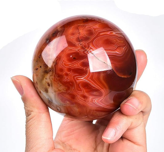 JIC Gem 2.7-3.1 inch(70-80mm) Large Red Agate Crystal Ball Round Healing Crystals Decorative Sphere with Wooden Stand Meditation Witchcraft Home Decor
