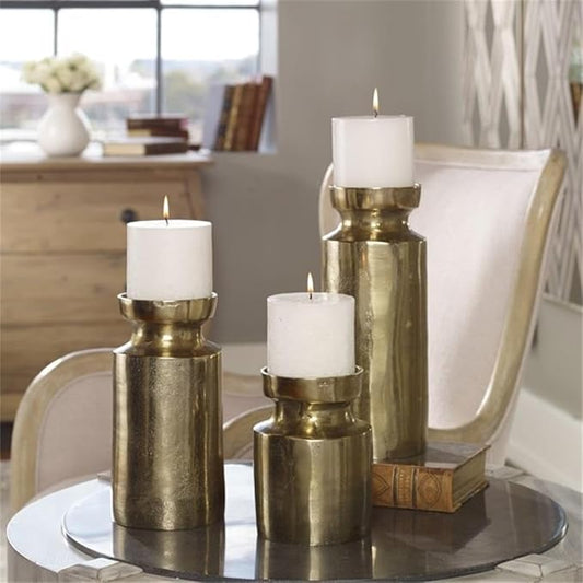 Bowery Hill Modern Candleholder Set, Cast Aluminum with Antique Brass Finish, Includes 3 White Candles, Textured Design, Decorative Candle Holders for Home Décor or Living Room Display