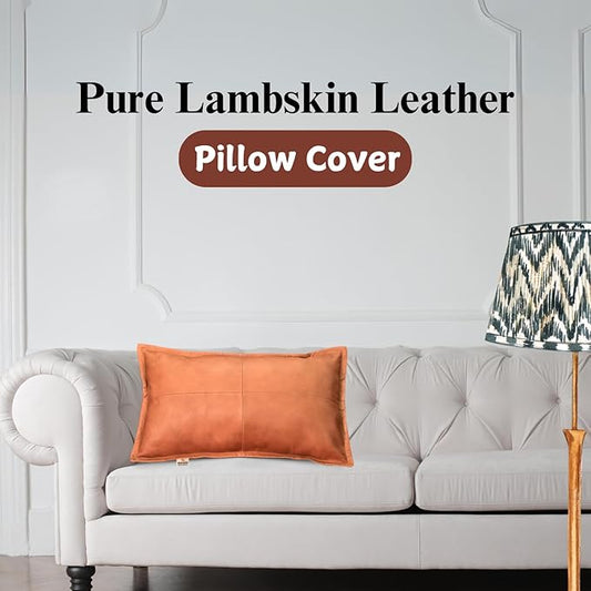 100% Lambskin Leather Pillow Cover - Sofa Cushion Case - Decorative Throw Covers for Living Room & Bedroom, 10X18 Inch - Gold Antique Box Pack of 2