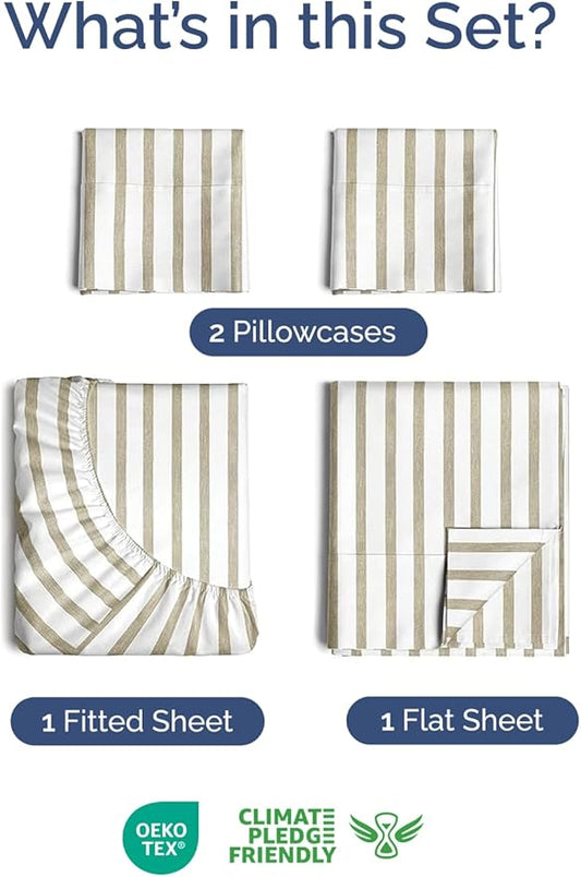 Extra Deep Twin Sheet Set - 4 Piece Breathable and Cooling Sheets - Hotel Luxury Bed Sheets Set - Easy Fit - Soft, Wrinkle Free and Comfy Sheets Set - Beige Striped Sheet Set with Extra Deep Pockets
