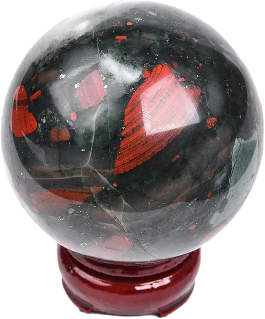 JIC Gem Real Quartz Crystal Sphere Ball African Bloodstone Healing Crystal Ball with Decoation Stand for Fengshui Meditation Ball (60-70mm)